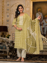 Green Ethnic Motif Printed Cotton Kurta, Pant And Dupatta Set With Thread & Mirror Work-J4848GREEN_OF